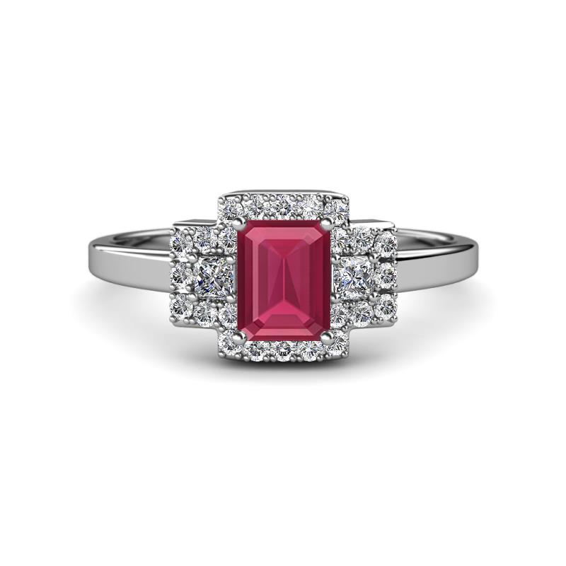 Jessica Rainbow Emerald Cut Rhodolite Garnet with Round and Princess Cut Diamond Engagement Ring 