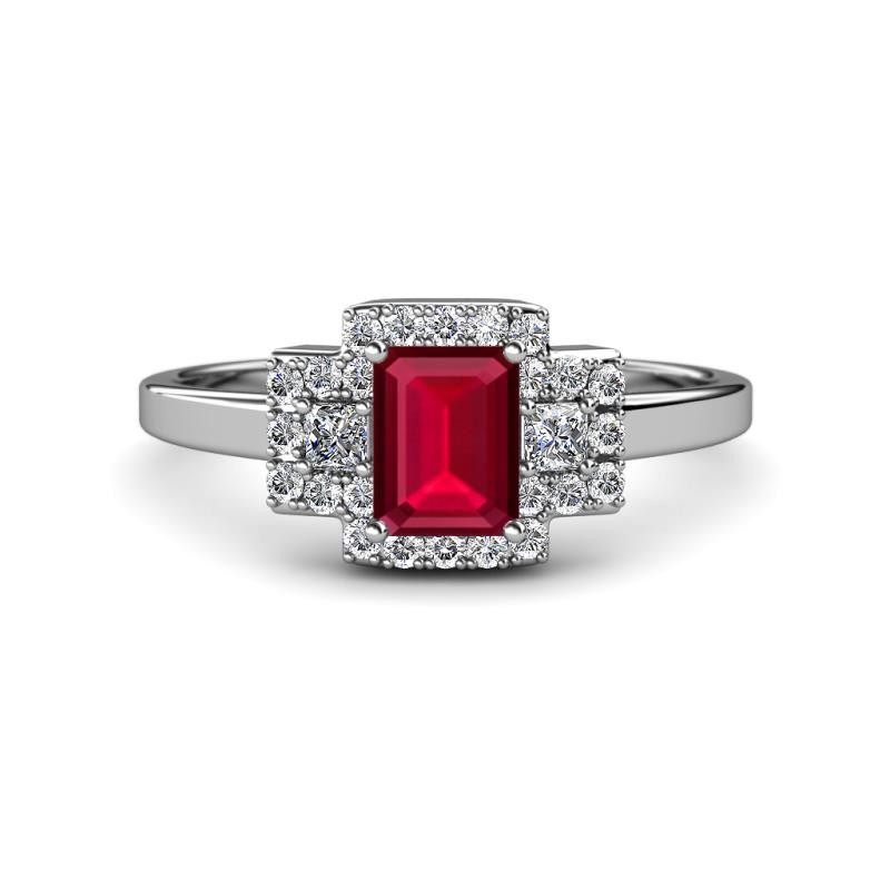 Jessica Rainbow Emerald Cut Lab Created Ruby with Round and Princess Cut Diamond Engagement Ring 