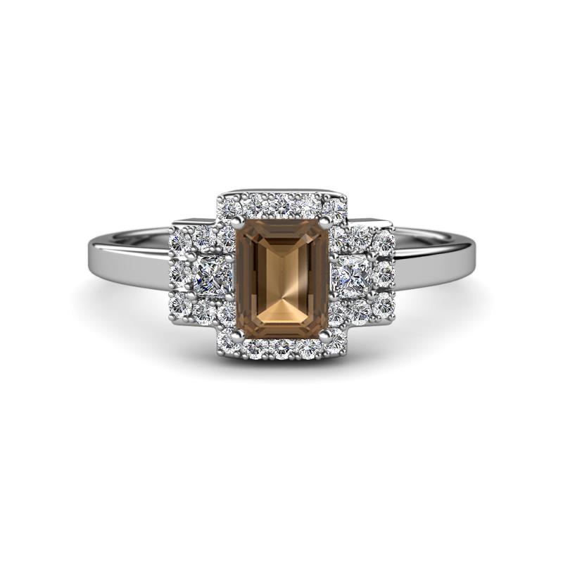 Jessica Rainbow Emerald Cut Smoky Quartz with Round and Princess Cut Diamond Engagement Ring 