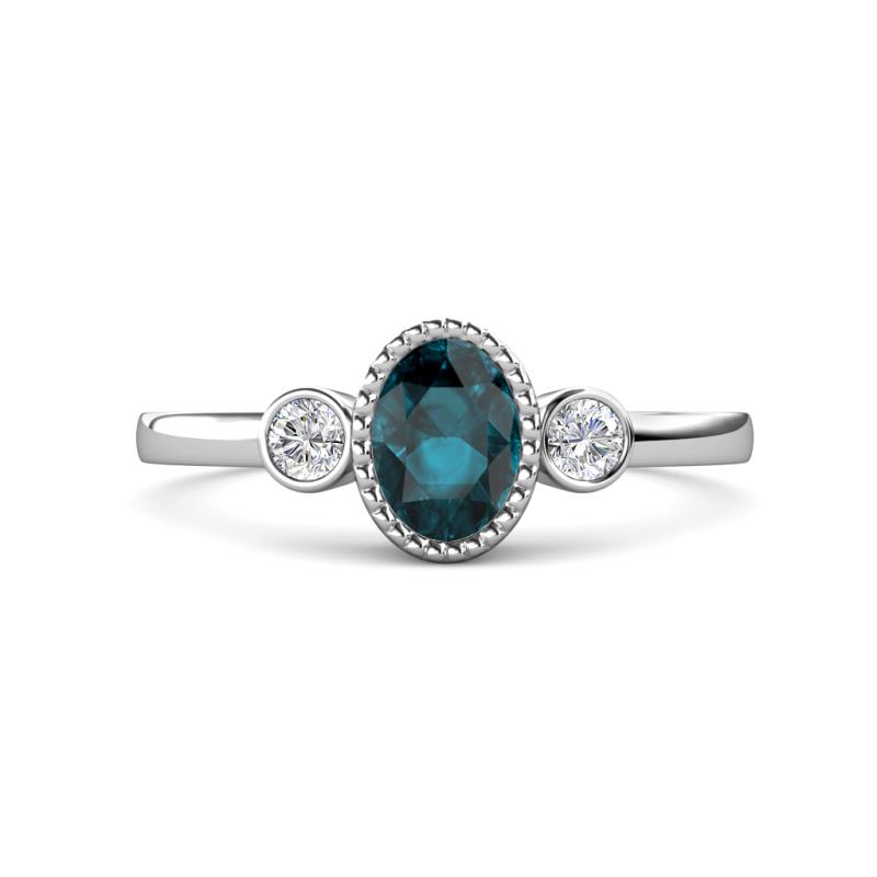Nikolia Desire Oval Cut London Blue Topaz and Round Diamond Three Stone Engagement Ring 