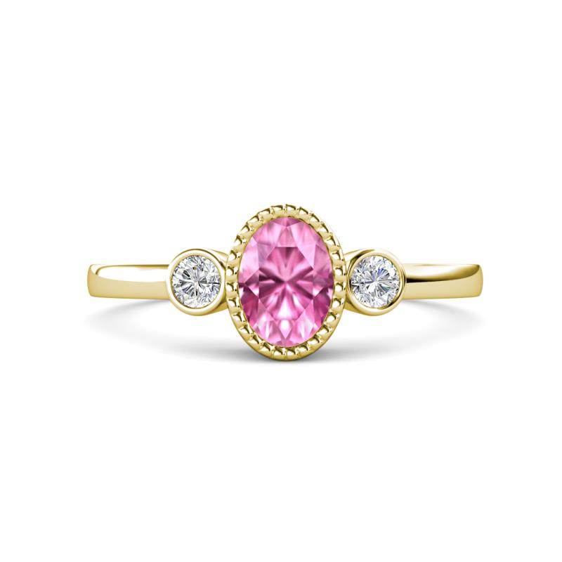 Nikolia Desire Oval Cut Pink Sapphire and Round Diamond Three Stone Engagement Ring 