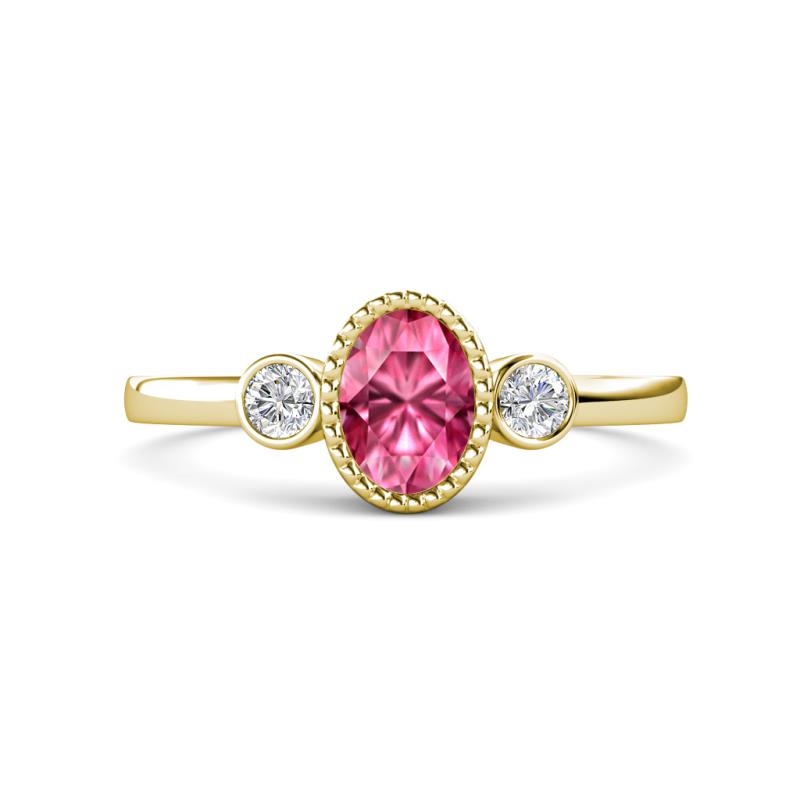 Nikolia Desire Oval Cut Pink Tourmaline and Round Diamond Three Stone Engagement Ring 