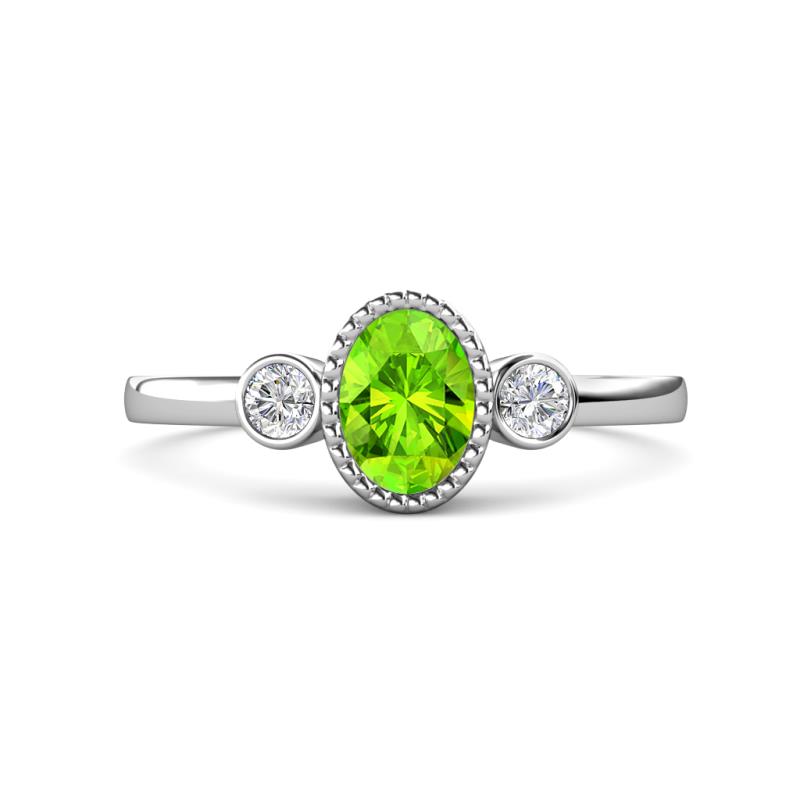 Nikolia Desire Oval Cut Peridot and Round Diamond Three Stone Engagement Ring 