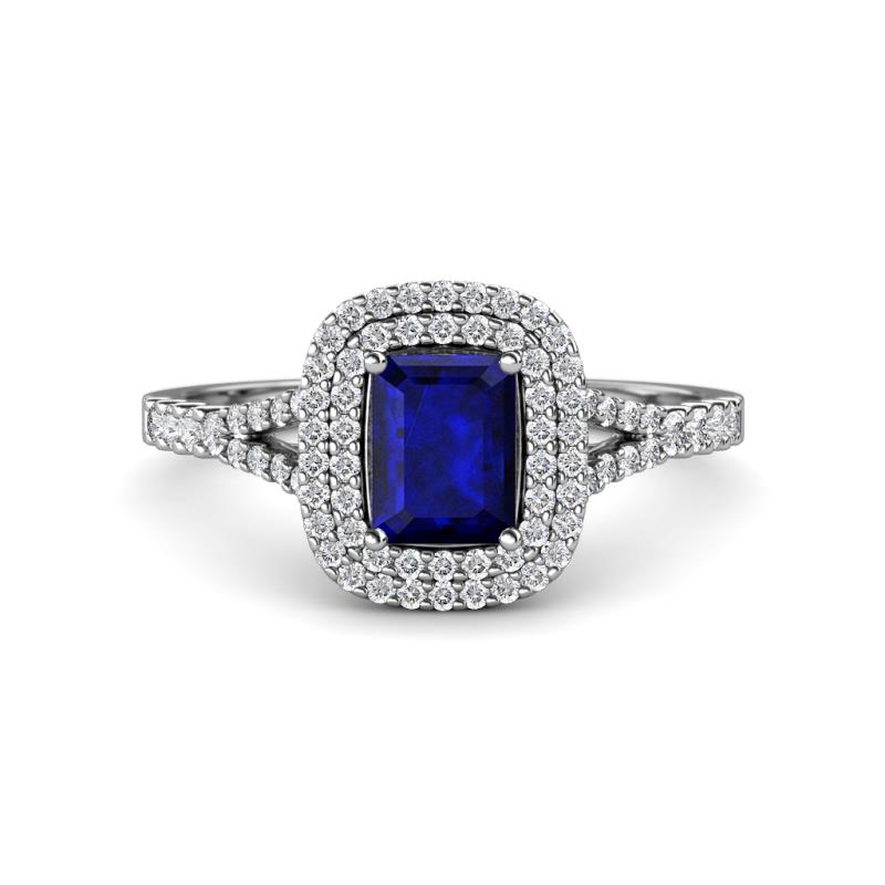 Ines Rainbow Emerald Cut Lab Created Blue Sapphire and Round Diamond Double Halo Engagement Ring 