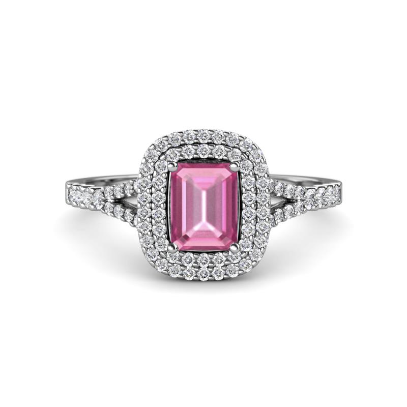 Ines Rainbow Emerald Cut Lab Created Pink Sapphire and Round Diamond Double Halo Engagement Ring 