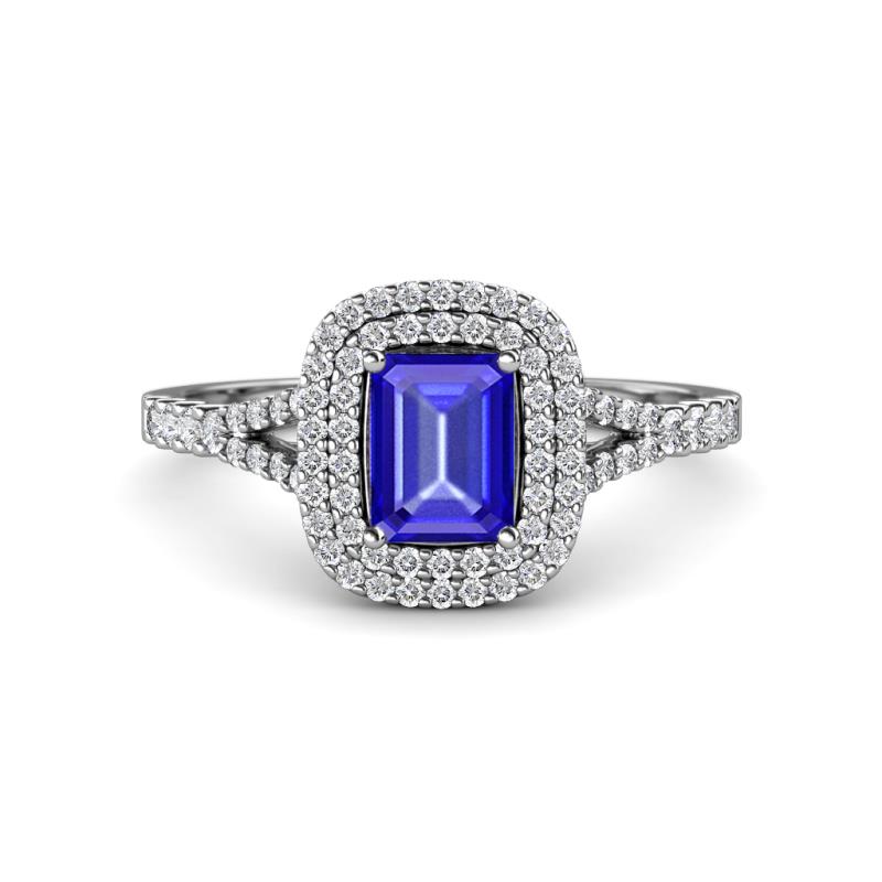 Ines Rainbow Emerald Cut Tanzanite and Round Diamond Double Halo Engagement Ring 