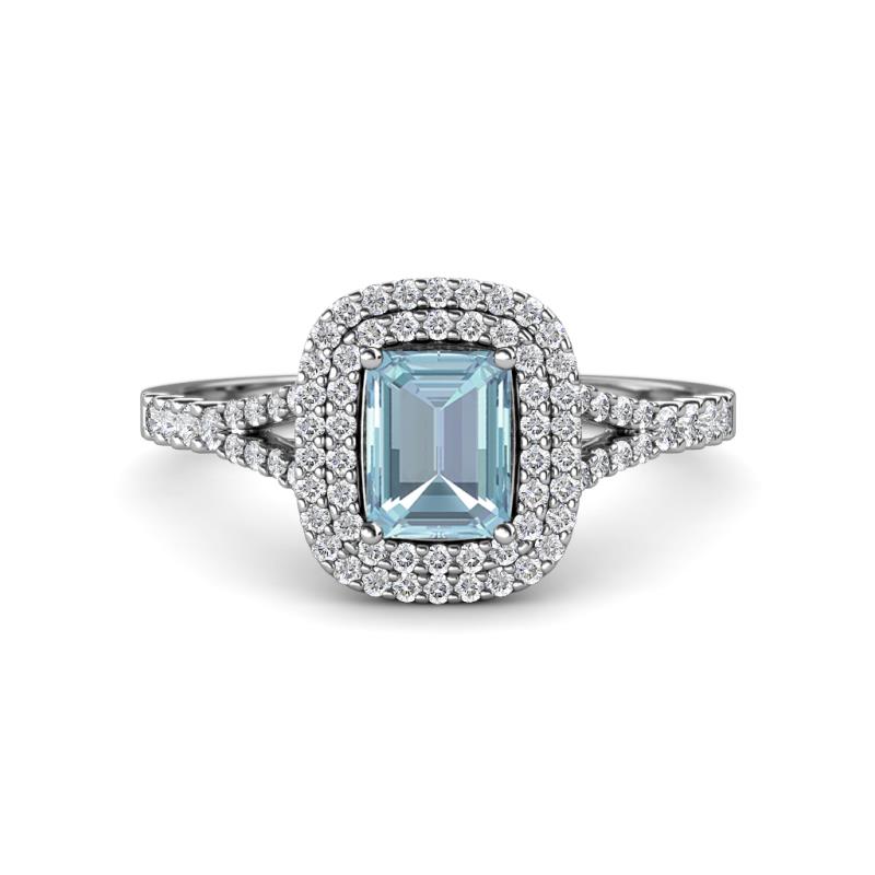 Ines Rainbow Emerald Cut Aquamarine and Round Diamond Double Halo Engagement Ring 