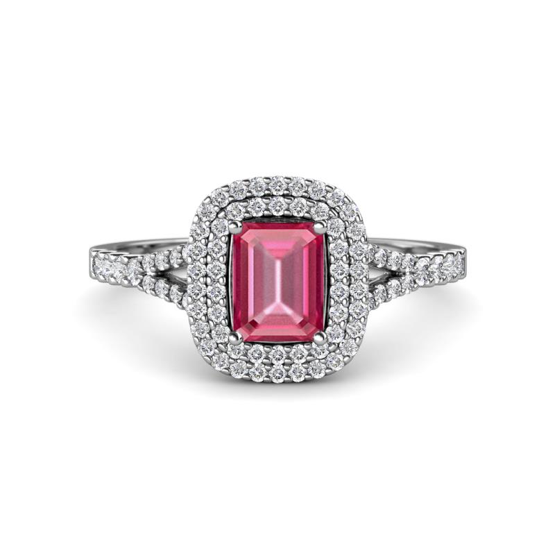 Ines Rainbow Emerald Cut Pink Tourmaline and Round Diamond Double Halo Engagement Ring 