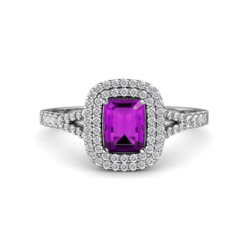 Ines Rainbow Emerald Cut Amethyst and Round Diamond Double Halo Engagement Ring 