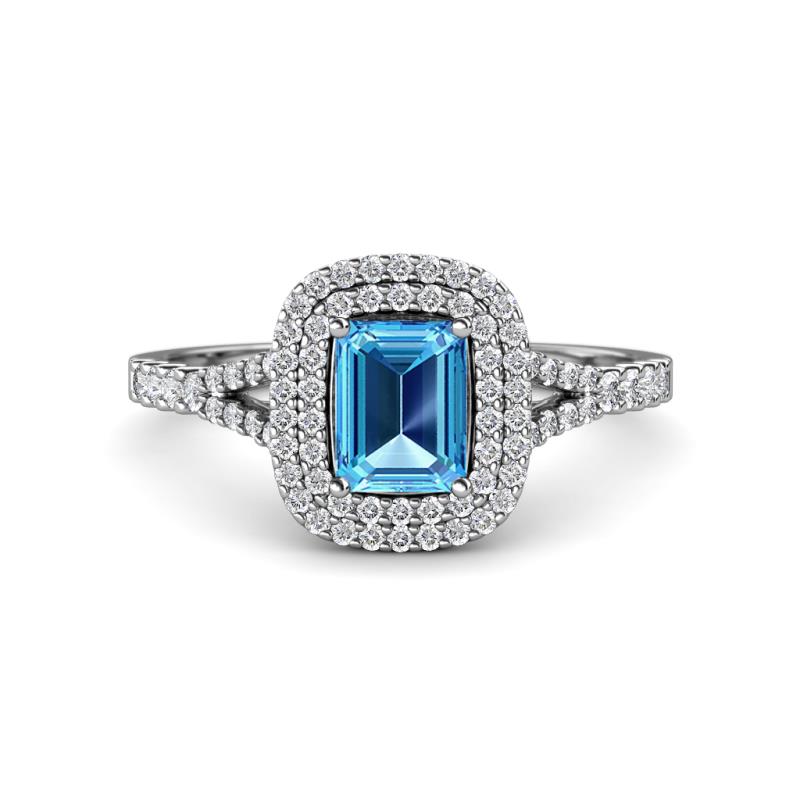 Ines Rainbow Emerald Cut Blue Topaz and Round Diamond Double Halo Engagement Ring 