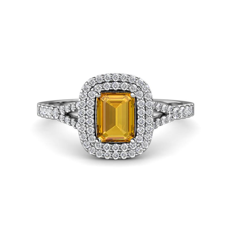 Ines Rainbow Emerald Cut Citrine and Round Diamond Double Halo Engagement Ring 