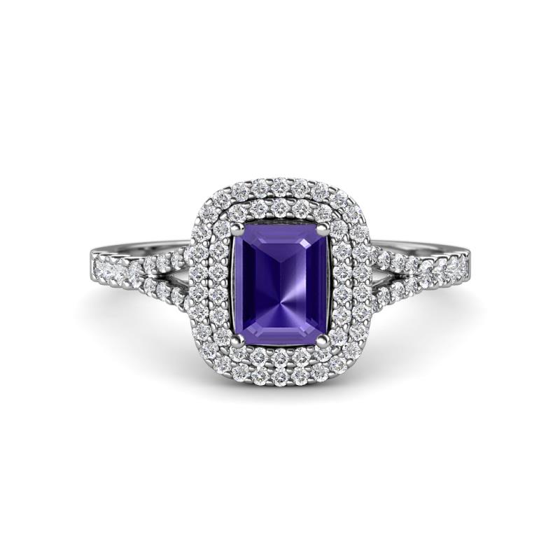 Ines Rainbow Emerald Cut Iolite and Round Diamond Double Halo Engagement Ring 