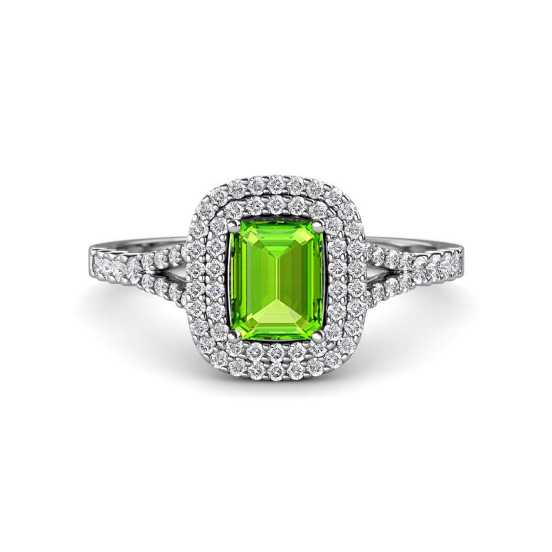 Ines Rainbow Emerald Cut Peridot and Round Diamond Double Halo Engagement Ring 