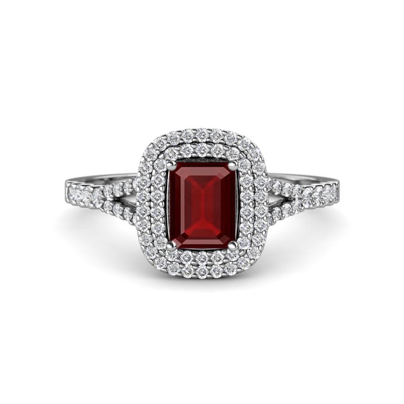 Ines Rainbow Emerald Cut Red Garnet and Round Diamond Double Halo Engagement Ring 