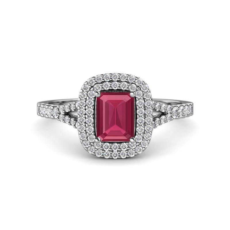 Ines Rainbow Emerald Cut Rhodolite Garnet and Round Diamond Double Halo Engagement Ring 