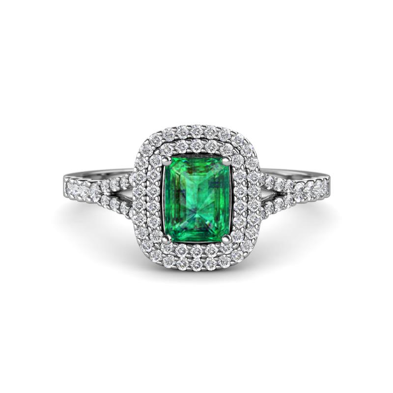 Ines Rainbow Emerald Cut Lab Created Emerald and Round Diamond Double Halo Engagement Ring 