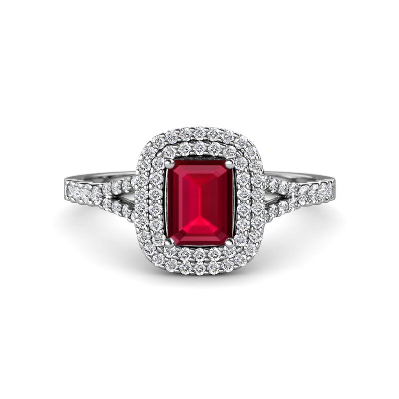 Ines Rainbow Emerald Cut Lab Created Ruby and Round Diamond Double Halo Engagement Ring 