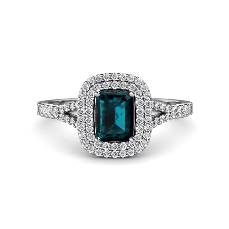 Ines Rainbow Emerald Cut London Blue Topaz and Round Diamond Double Halo Engagement Ring 
