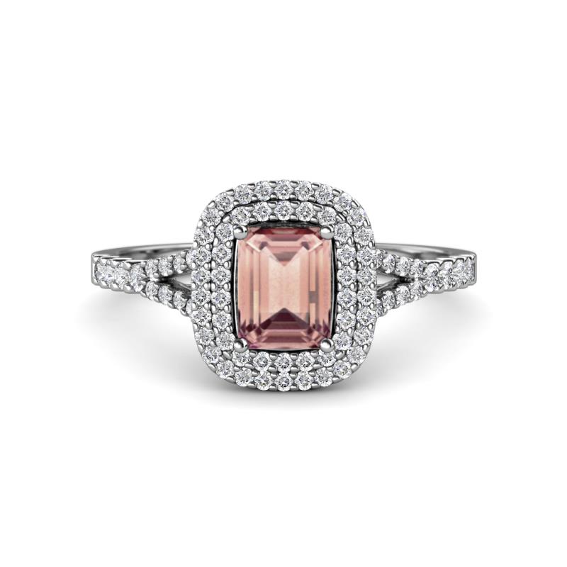 Ines Rainbow Emerald Cut Morganite and Round Diamond Double Halo Engagement Ring 