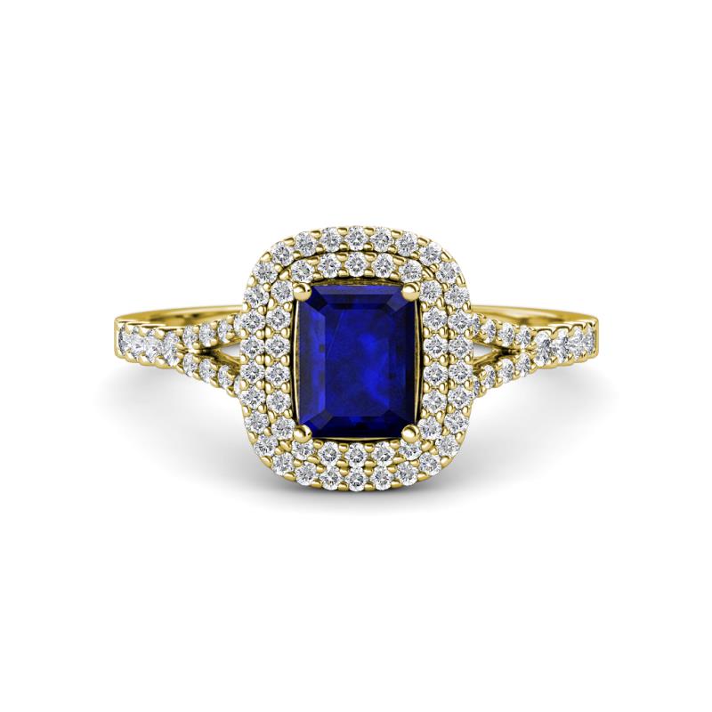 Ines Rainbow Emerald Cut Lab Created Blue Sapphire and Round Diamond Double Halo Engagement Ring 