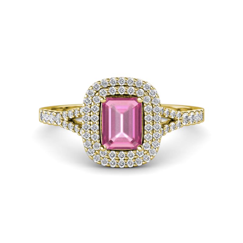 Ines Rainbow Emerald Cut Lab Created Pink Sapphire and Round Diamond Double Halo Engagement Ring 