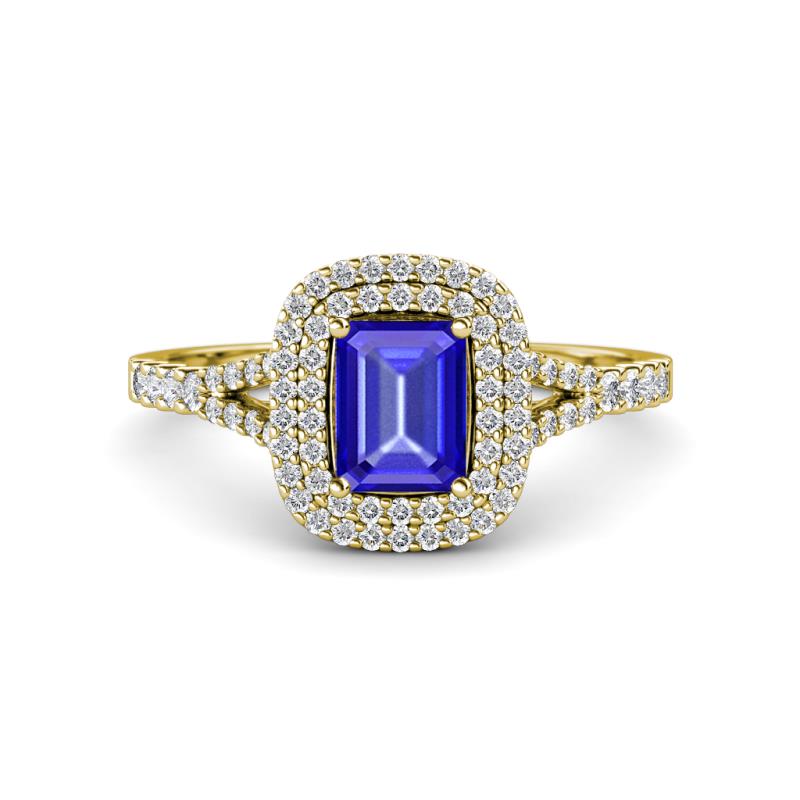 Ines Rainbow Emerald Cut Tanzanite and Round Diamond Double Halo Engagement Ring 