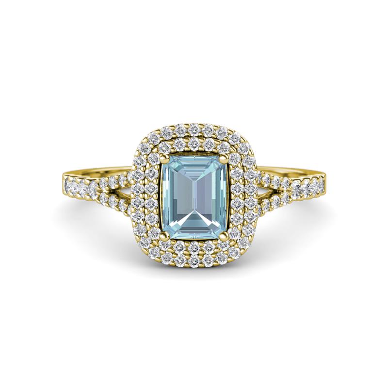 Ines Rainbow Emerald Cut Aquamarine and Round Diamond Double Halo Engagement Ring 