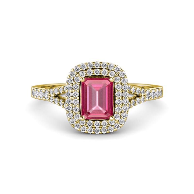 Ines Rainbow Emerald Cut Pink Tourmaline and Round Diamond Double Halo Engagement Ring 