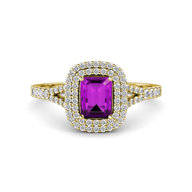 Ines Rainbow Emerald Cut Amethyst and Round Diamond Double Halo Engagement Ring 