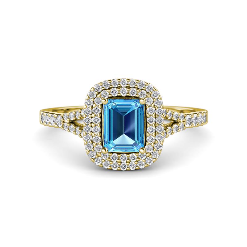 Ines Rainbow Emerald Cut Blue Topaz and Round Diamond Double Halo Engagement Ring 