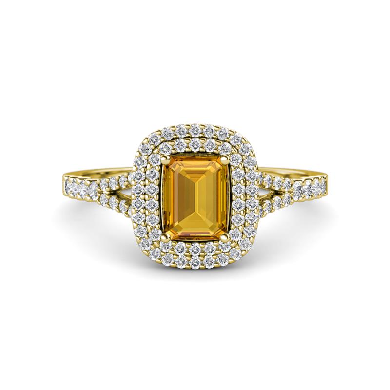 Ines Rainbow Emerald Cut Citrine and Round Diamond Double Halo Engagement Ring 