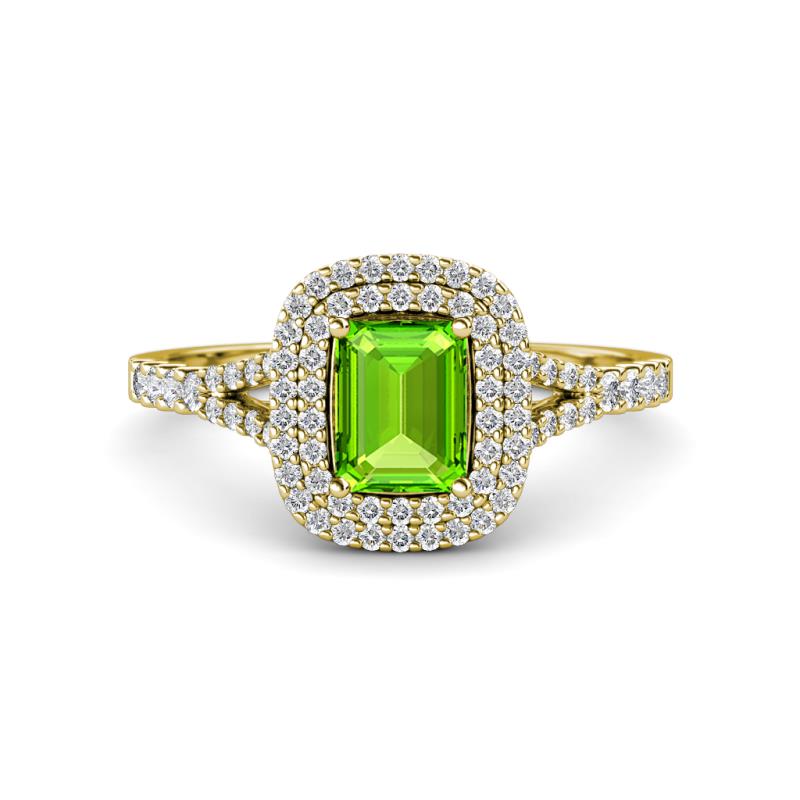 Ines Rainbow Emerald Cut Peridot and Round Diamond Double Halo Engagement Ring 