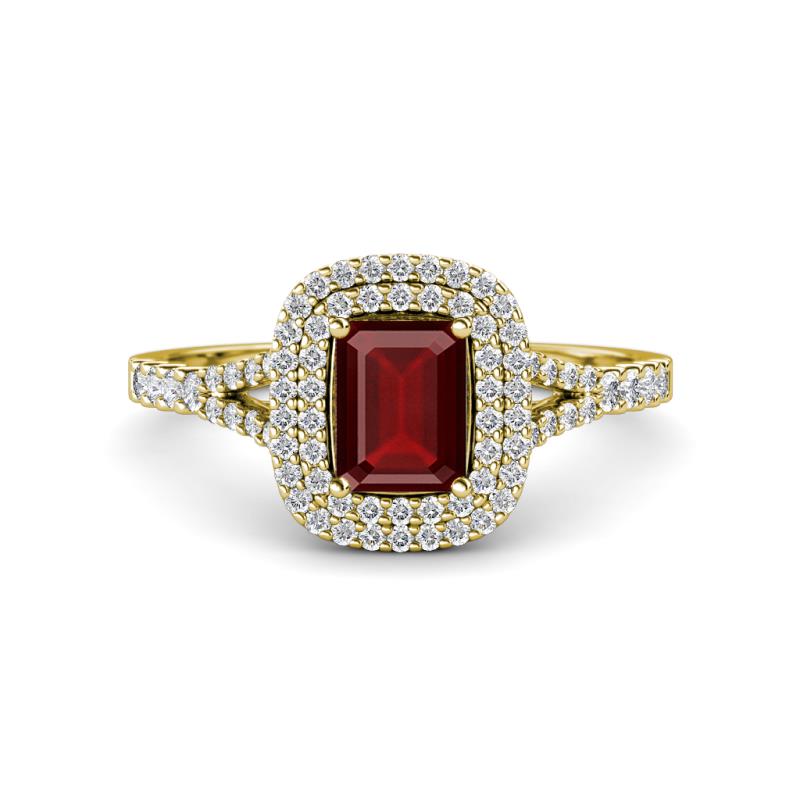 Ines Rainbow Emerald Cut Red Garnet and Round Diamond Double Halo Engagement Ring 