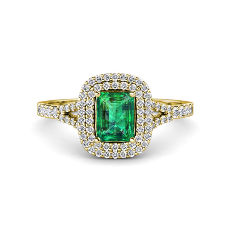 Ines Rainbow Emerald Cut Lab Created Emerald and Round Diamond Double Halo Engagement Ring 