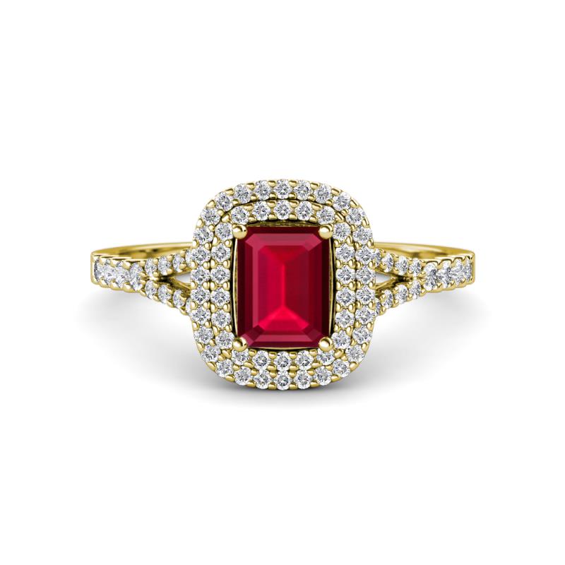 Ines Rainbow Emerald Cut Lab Created Ruby and Round Diamond Double Halo Engagement Ring 