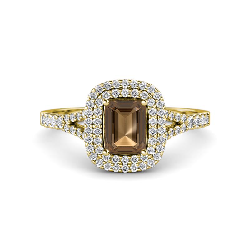 Ines Rainbow Emerald Cut Smoky Quartz and Round Diamond Double Halo Engagement Ring 