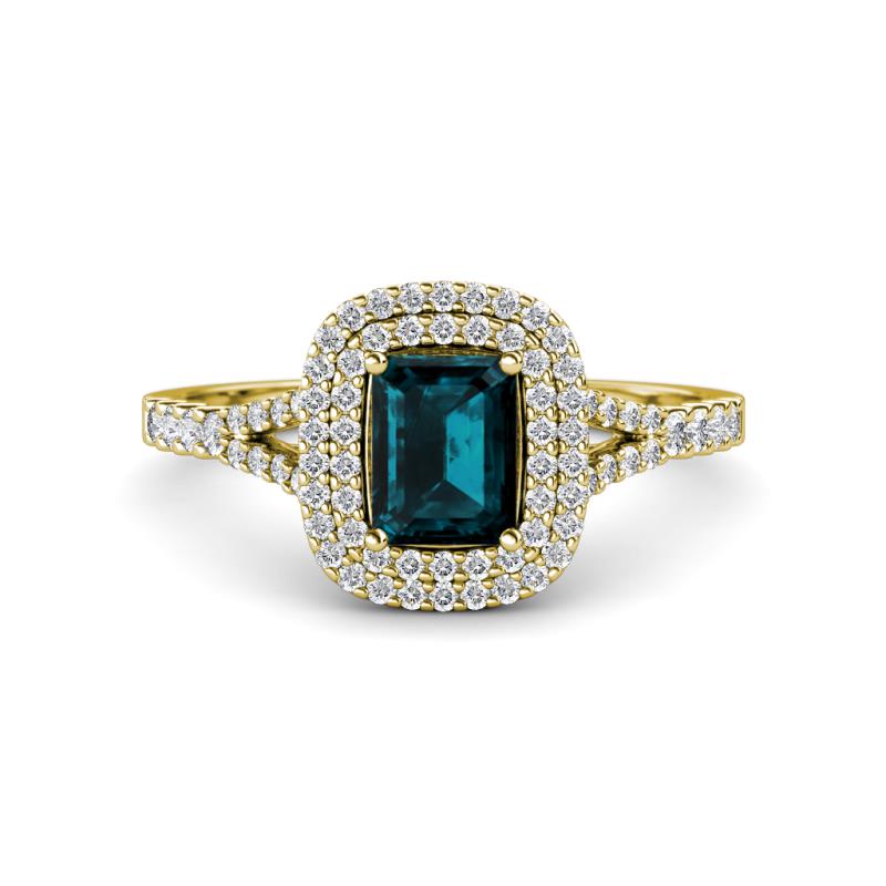 Ines Rainbow Emerald Cut London Blue Topaz and Round Diamond Double Halo Engagement Ring 