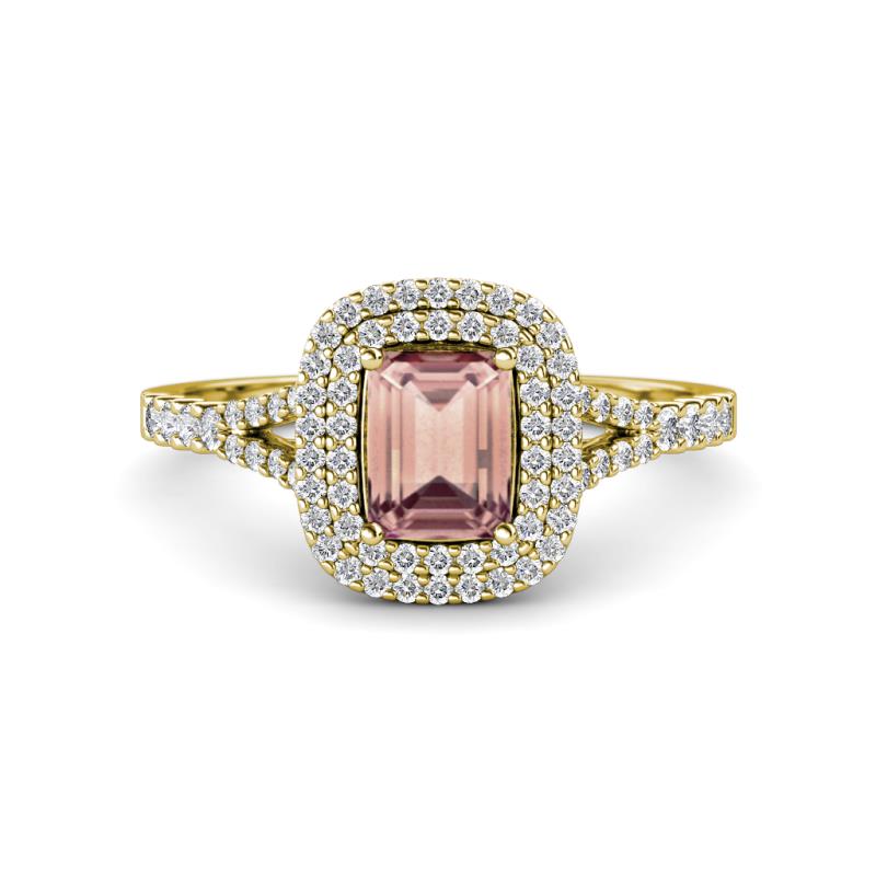 Ines Rainbow Emerald Cut Morganite and Round Diamond Double Halo Engagement Ring 