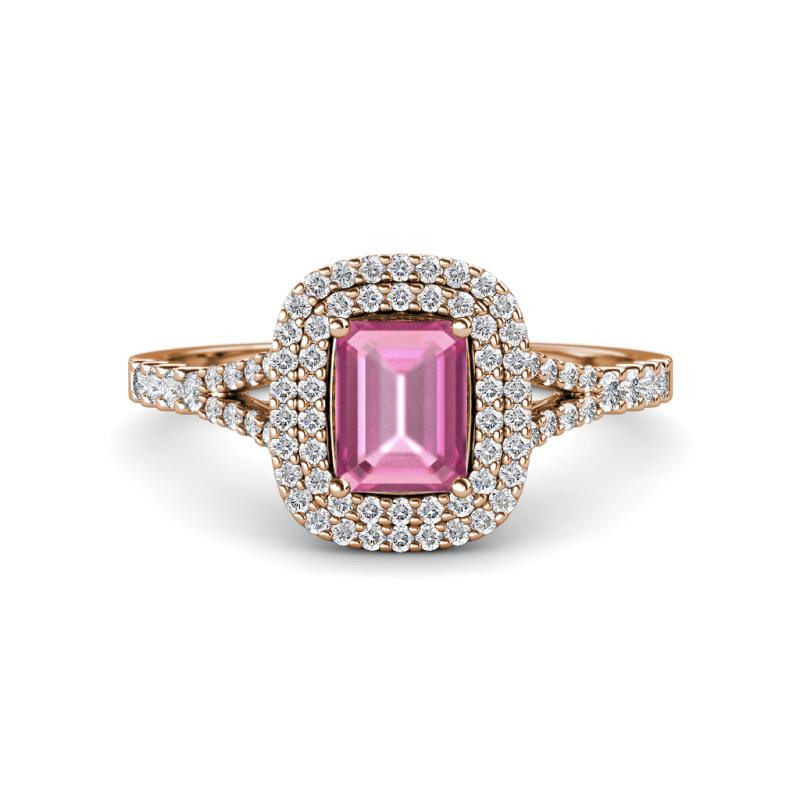 Ines Rainbow Emerald Cut Lab Created Pink Sapphire and Round Diamond Double Halo Engagement Ring 