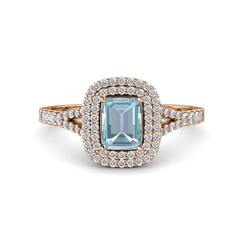Ines Rainbow Emerald Cut Aquamarine and Round Diamond Double Halo Engagement Ring 