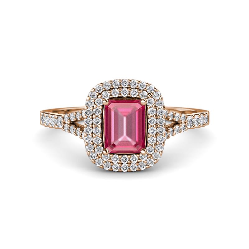 Ines Rainbow Emerald Cut Pink Tourmaline and Round Diamond Double Halo Engagement Ring 