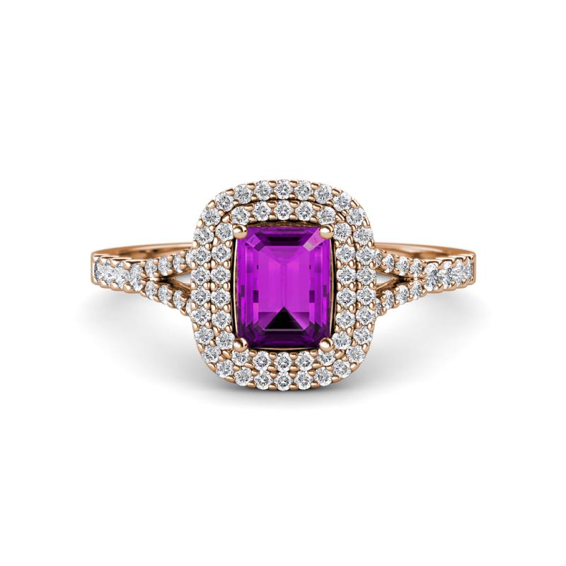 Ines Rainbow Emerald Cut Amethyst and Round Diamond Double Halo Engagement Ring 