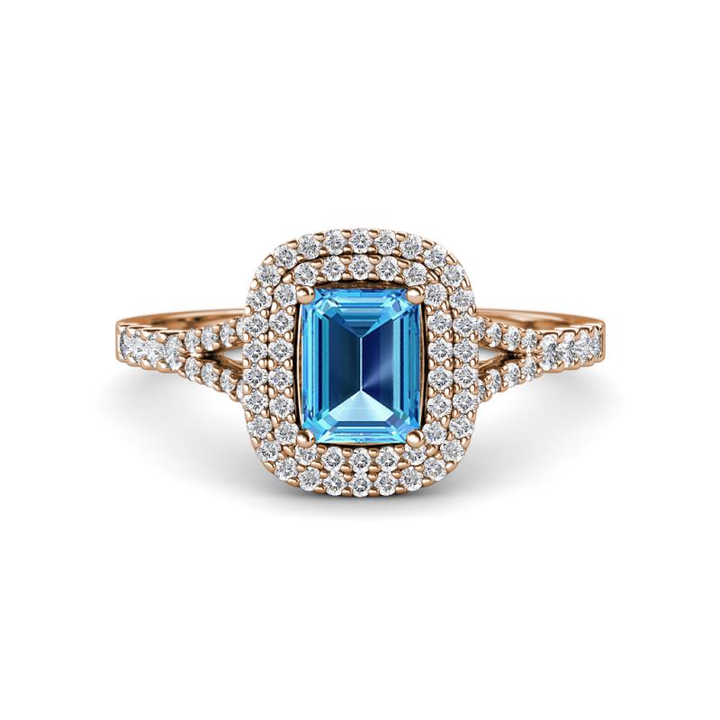 Ines Rainbow Emerald Cut Blue Topaz and Round Diamond Double Halo Engagement Ring 
