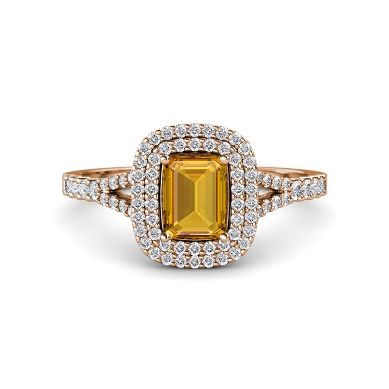 Ines Rainbow Emerald Cut Citrine and Round Diamond Double Halo Engagement Ring 