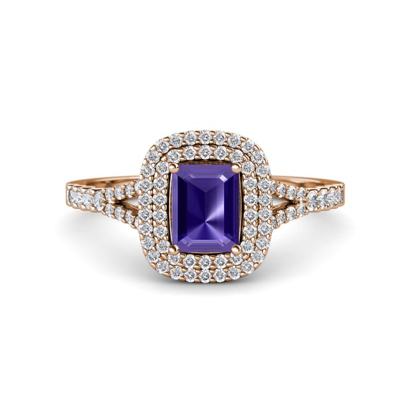 Ines Rainbow Emerald Cut Iolite and Round Diamond Double Halo Engagement Ring 