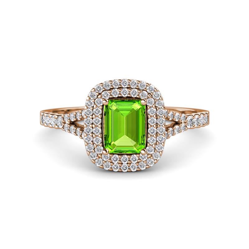Ines Rainbow Emerald Cut Peridot and Round Diamond Double Halo Engagement Ring 