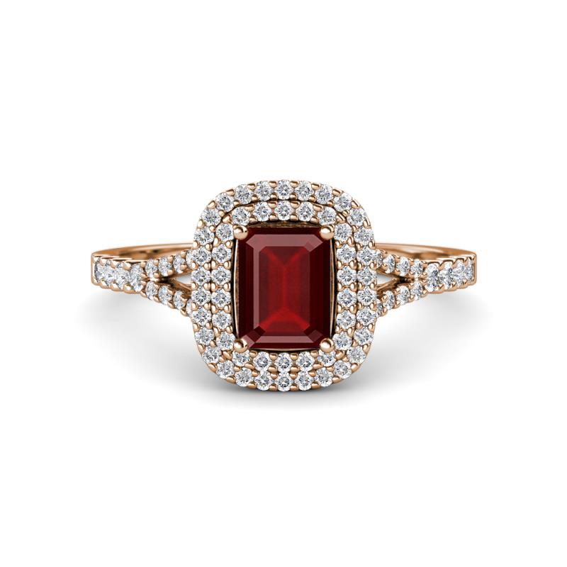 Ines Rainbow Emerald Cut Red Garnet and Round Diamond Double Halo Engagement Ring 