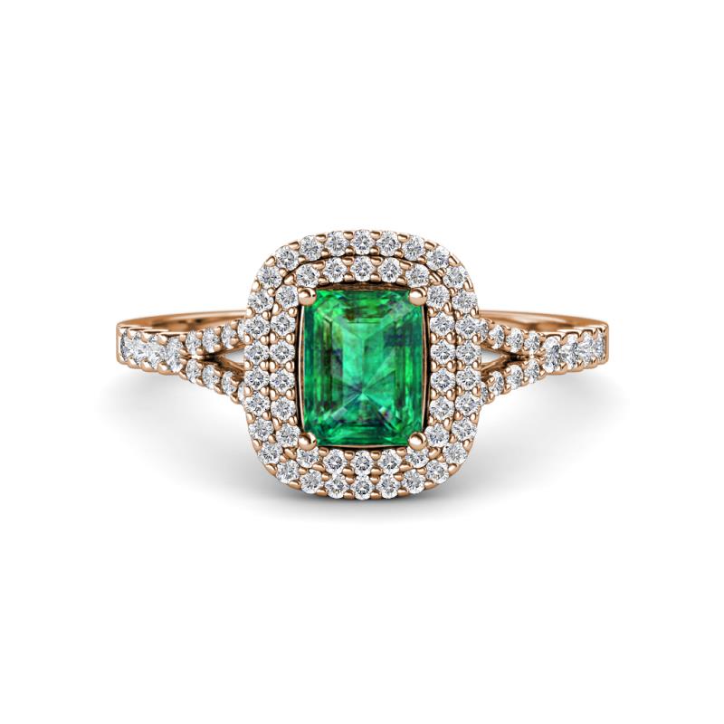 Ines Rainbow Emerald Cut Lab Created Emerald and Round Diamond Double Halo Engagement Ring 