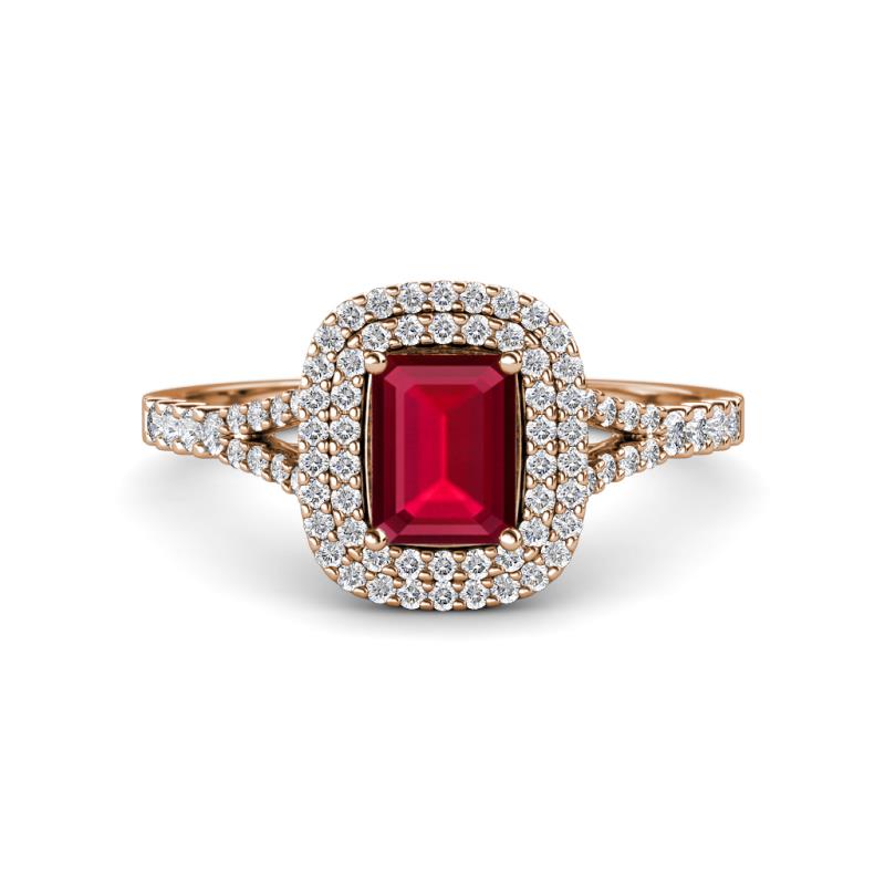 Ines Rainbow Emerald Cut Lab Created Ruby and Round Diamond Double Halo Engagement Ring 