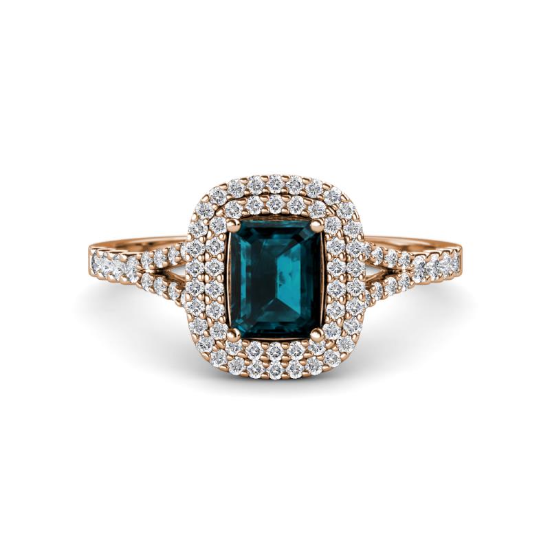 Ines Rainbow Emerald Cut London Blue Topaz and Round Diamond Double Halo Engagement Ring 